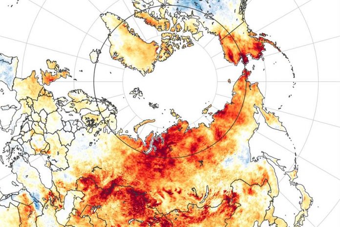 La imagen, puesta a disposición por la NASA, muestra anomalías de la temperatura de la superficie terrestre del 19 de marzo al 20 de junio de 2020. Foto: Efe.
