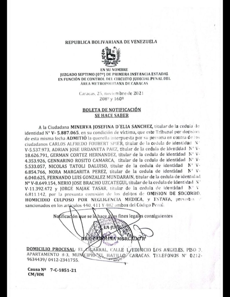 Minerva D'Elía introdujo una querella ante los tribunales contra la junta directiva de la clínica Santa Sofía y dos neurocirujanos