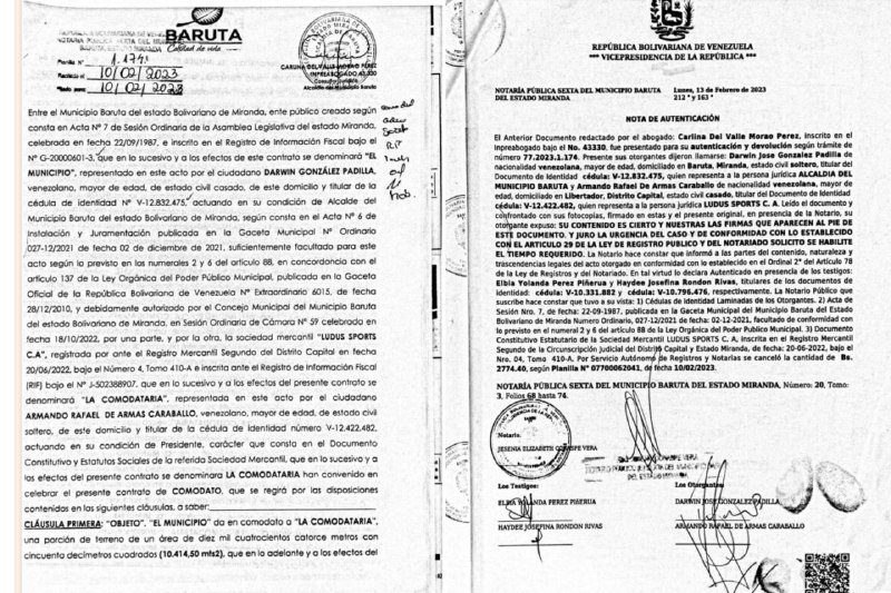 Contrato de comodato firmado en la Alcaldía de Baruta en febrero de 2023